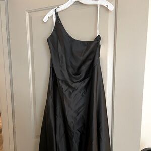 David’s Bridal satin black formal dress. Other pics are from website on model